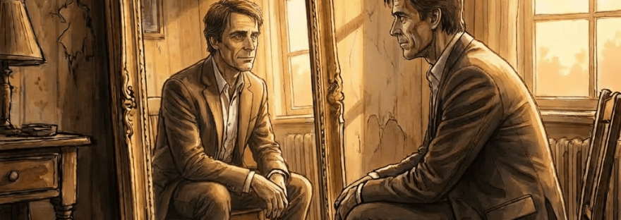 A despondent man sits before a large, luminous forest painting in a dark room.