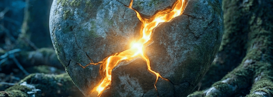 Moss-covered stone heart with golden light glowing from a large central crack.