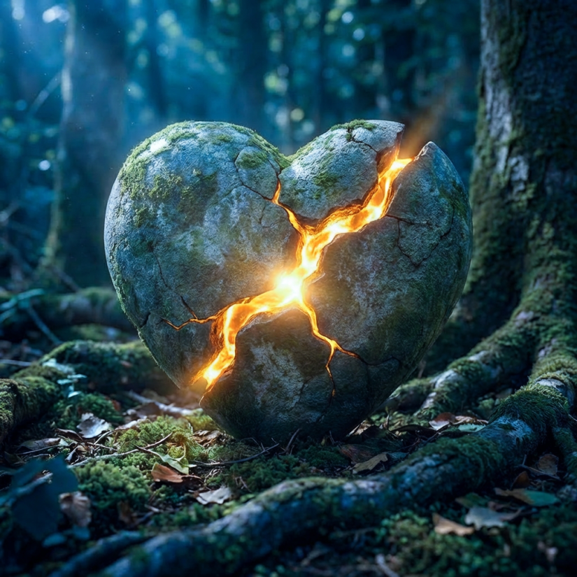 Moss-covered stone heart with golden light glowing from a large central crack.