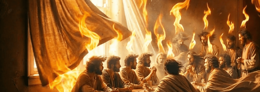 A person with hands on face stands by a sunlit window while papers fly around.