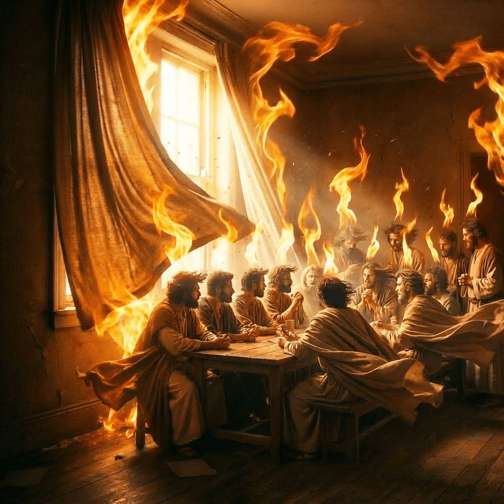 A person with hands on face stands by a sunlit window while papers fly around.