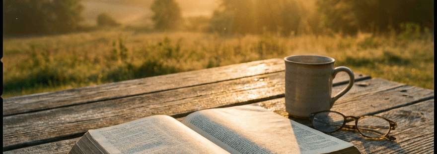 Open book, ceramic mug, and glasses on a wooden table during a misty sunrise.