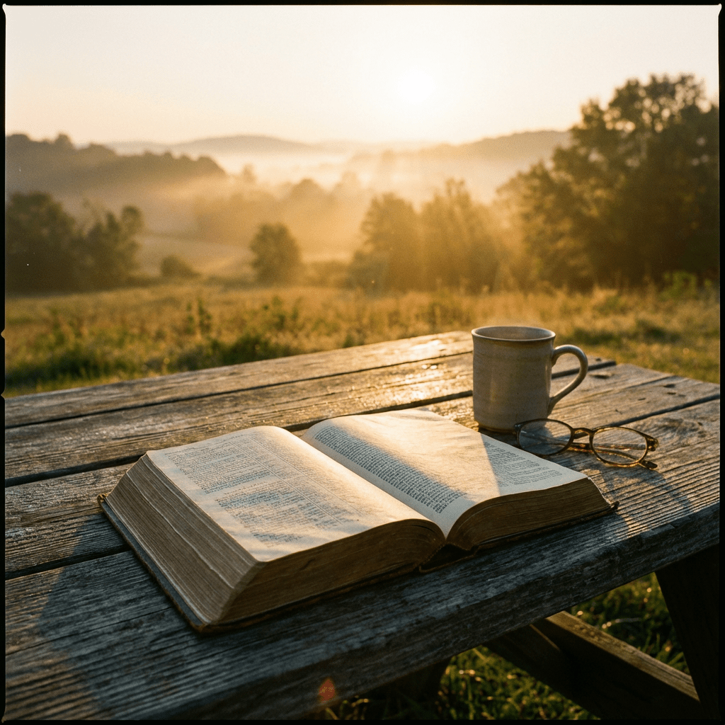 Open book, ceramic mug, and glasses on a wooden table during a misty sunrise.