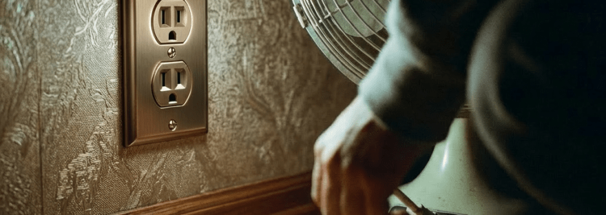 Hand reaching for a coiled power cord on the floor near a glowing wall outlet.