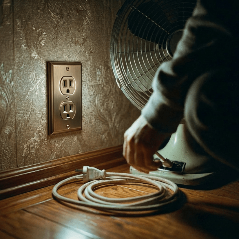 Hand reaching for a coiled power cord on the floor near a glowing wall outlet.