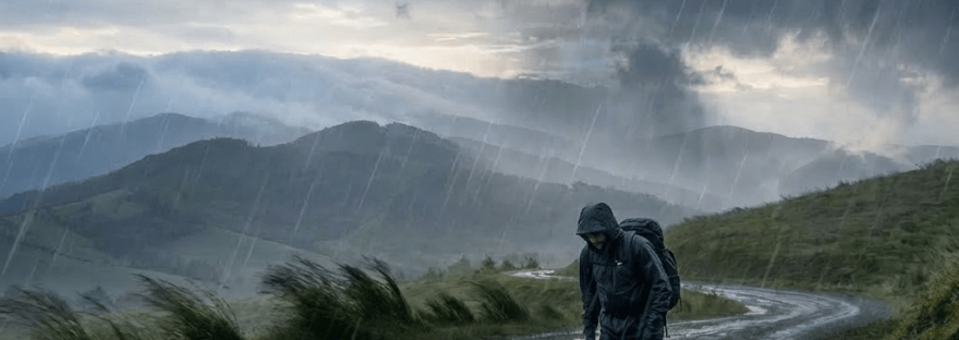 Winding dirt road with puddles reflecting a dramatic orange sunset over distant rolling hills.