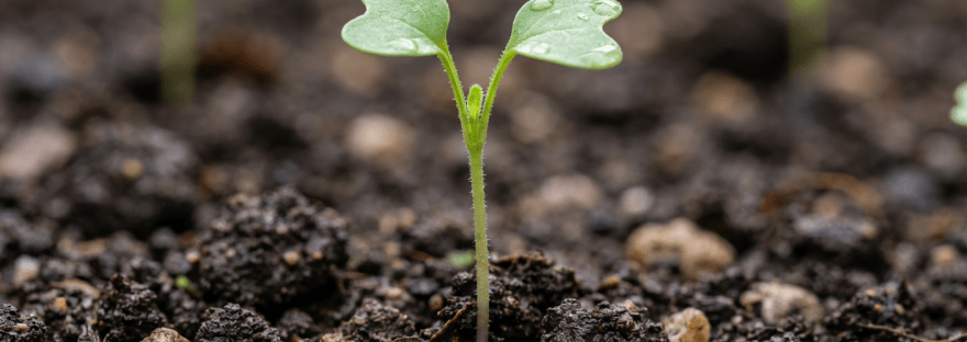 Green seedlings sprouting from moist dark soil with visible earthworms and water droplets.
