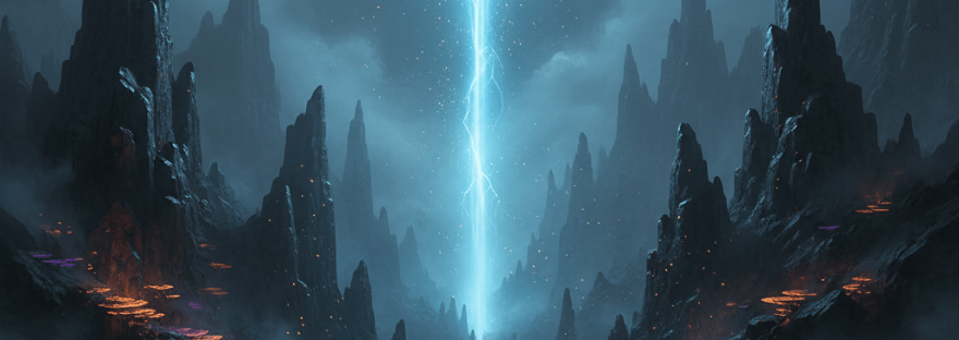 Bright blue beam of light descending into a dark, jagged mountain valley with glowing flora.