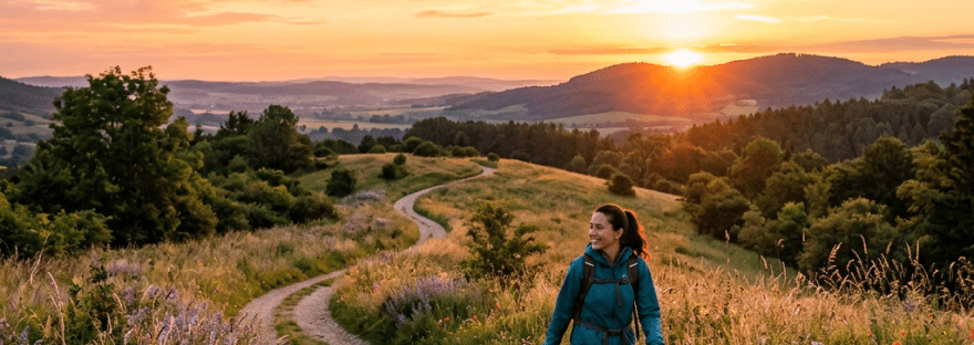 Woman hiking on a winding trail at sunset with birthday text April 20