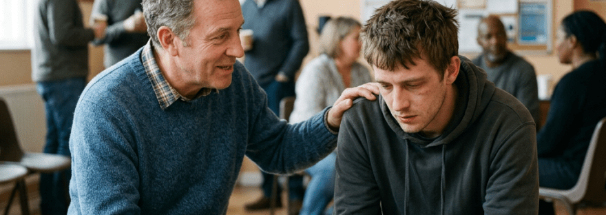 Supportive man comforting distressed young man in recovery support group