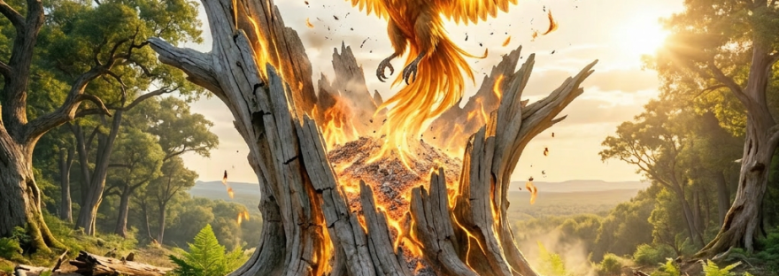 A small green tree with glowing roots growing inside a hollow, cracked old tree stump in a forest.