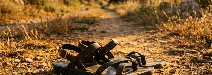 Brown leather sandals on a dirt path with dry grass and trees