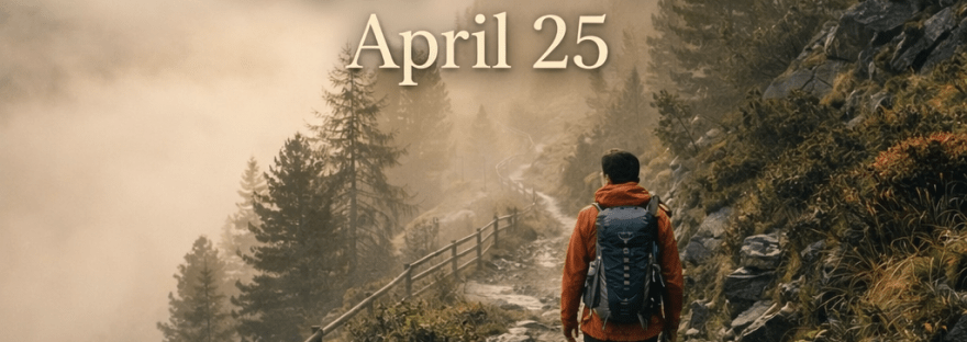 Person hiking on mountain trail with backpack and trekking poles during sunrise.