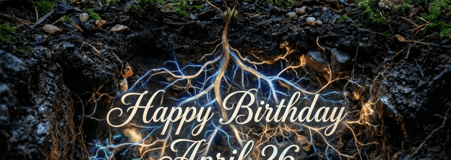 Small fern with glowing blue and yellow roots in dark forest soil