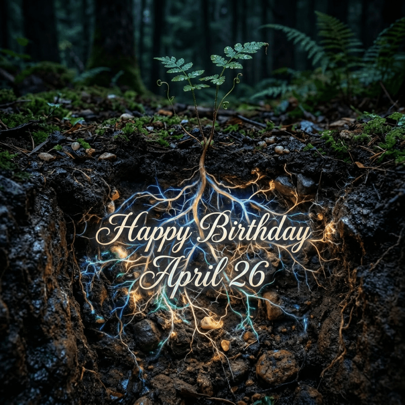 Small fern with glowing blue and yellow roots in dark forest soil
