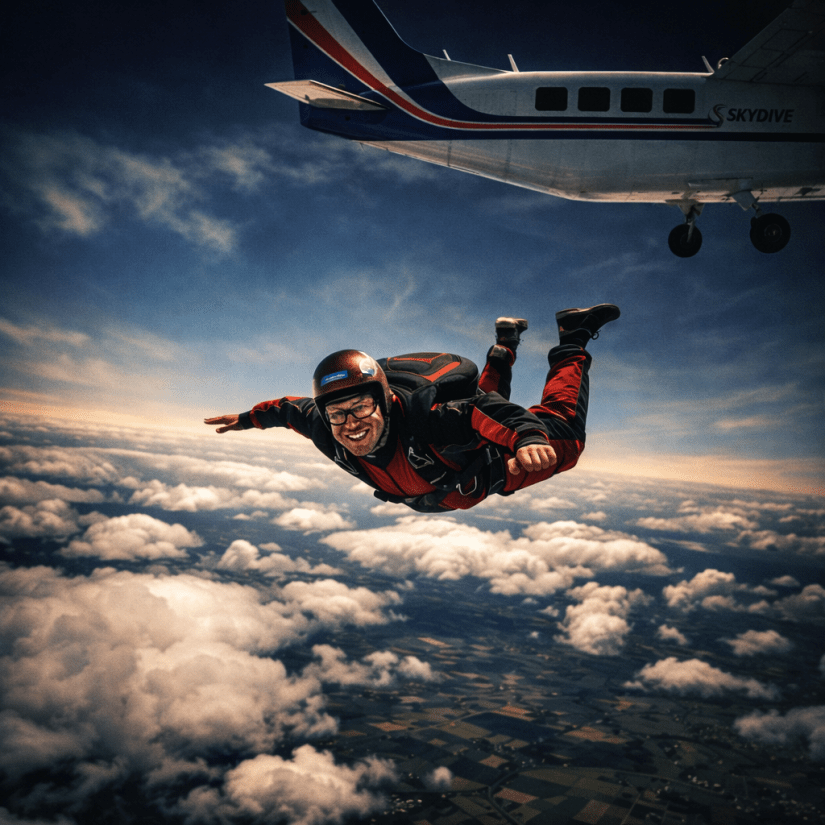 Skydiver in red and black jumpsuit freefalling from white airplane above clouds and farmland