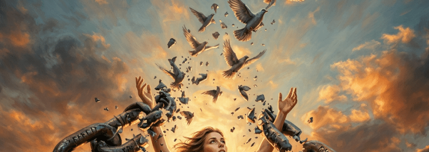 Two metal chains breaking with birds flying through the broken links against a sunset sky