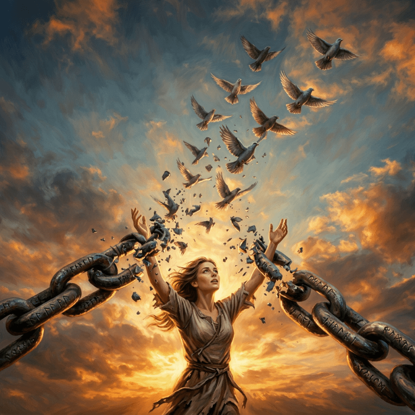 Two metal chains breaking with birds flying through the broken links against a sunset sky