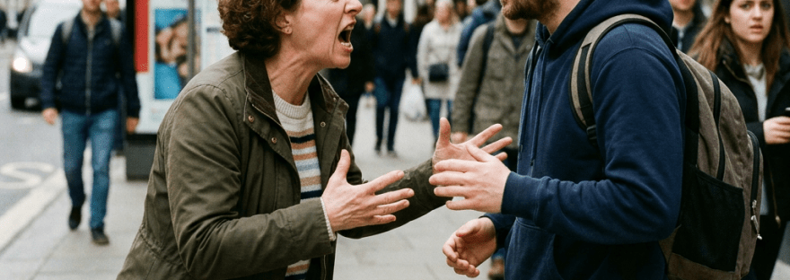 Woman yelling angrily at a man while pedestrians walk by on a city street