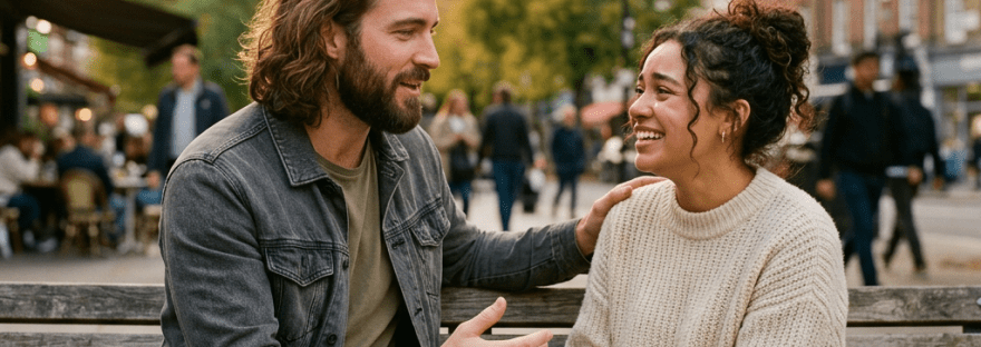 Man and woman sitting on a bench talking and smiling outdoors
