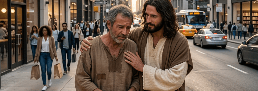 A man in simple robes gently comforting a distressed older man on a dirt path with olive trees and stone buildings in the background