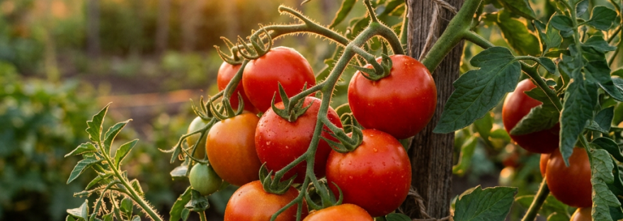 Ripe and unripe tomatoes growing on a garden vine tied to a wooden stake.