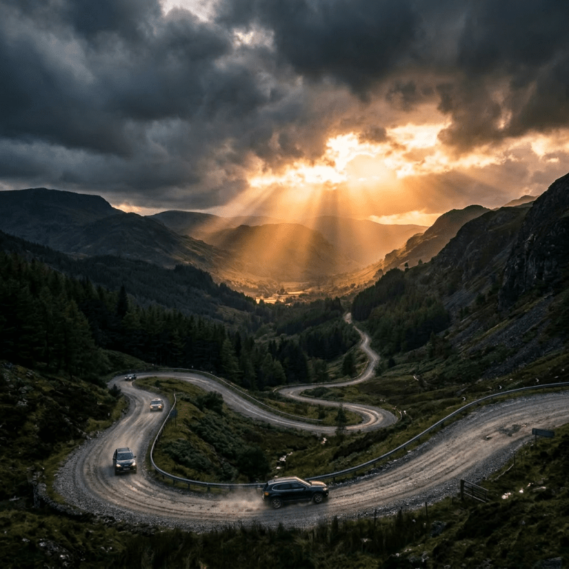 Winding mountain road with cars and sun rays breaking through dark clouds