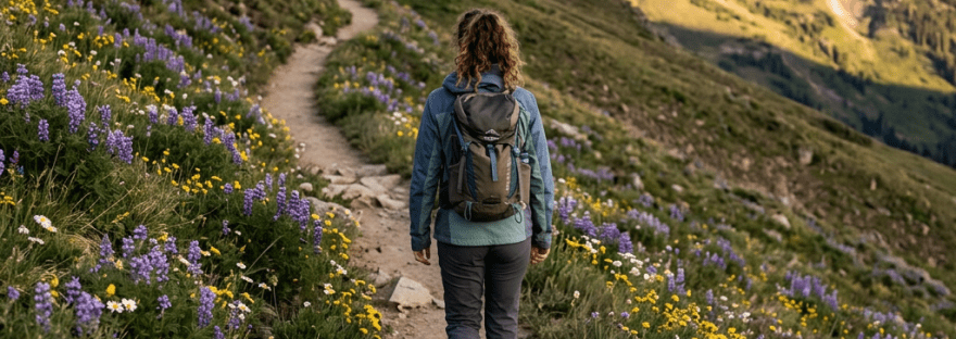 Person hiking on mountain trail with wildflowers and distant mountains
