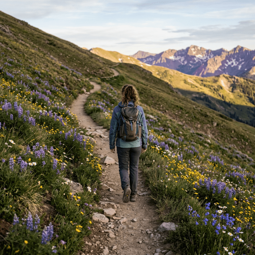 Person hiking on mountain trail with wildflowers and distant mountains