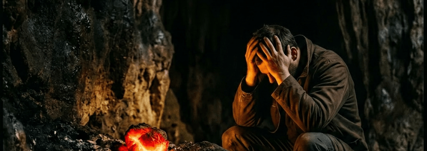 A bright glowing ember sits on rocky ground inside a dark cave