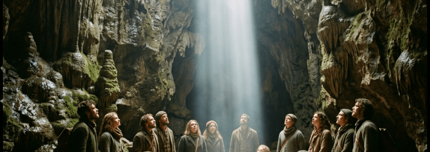 Group of people gathered around a campfire in a cave with a beam of light shining from above