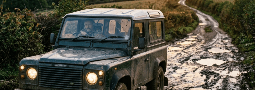Land Rover driving through muddy off-road trail during sunset