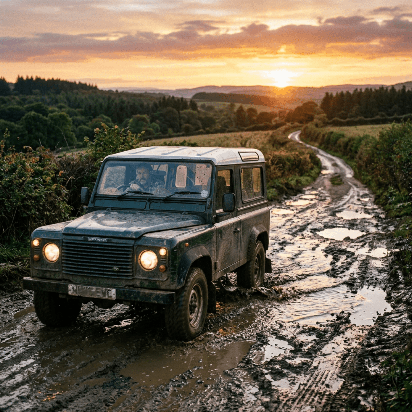 Land Rover driving through muddy off-road trail during sunset