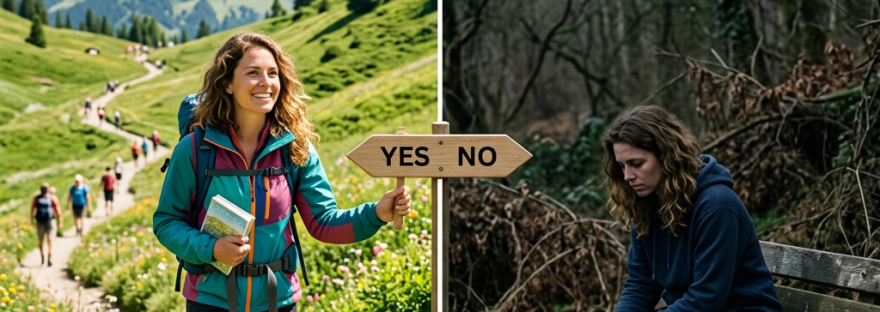 Split image showing a happy woman hiking with 'YES Paths and Possibilities' and a sad woman sitting with 'NO Hesitation and Regret'