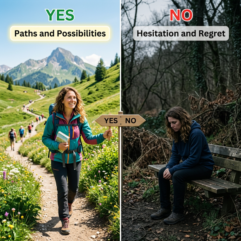 Split image showing a happy woman hiking with 'YES Paths and Possibilities' and a sad woman sitting with 'NO Hesitation and Regret'