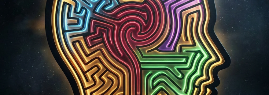 Glowing maze in the silhouette of a human head on dark background