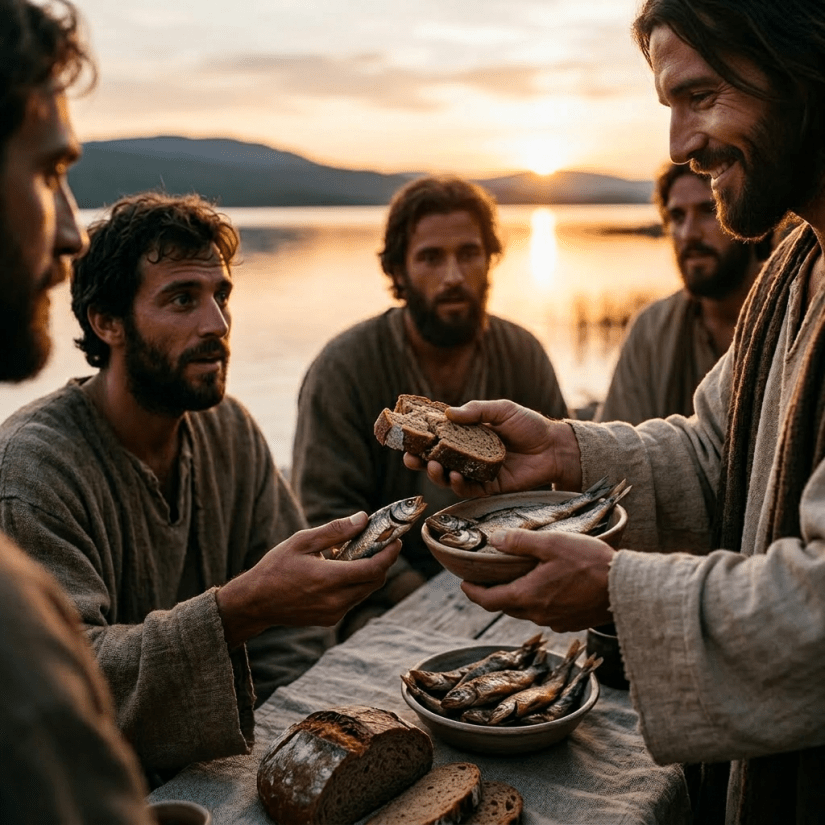 Picnic on wooden table with bread, fish, butter, and mug by lake at sunset with group on shore