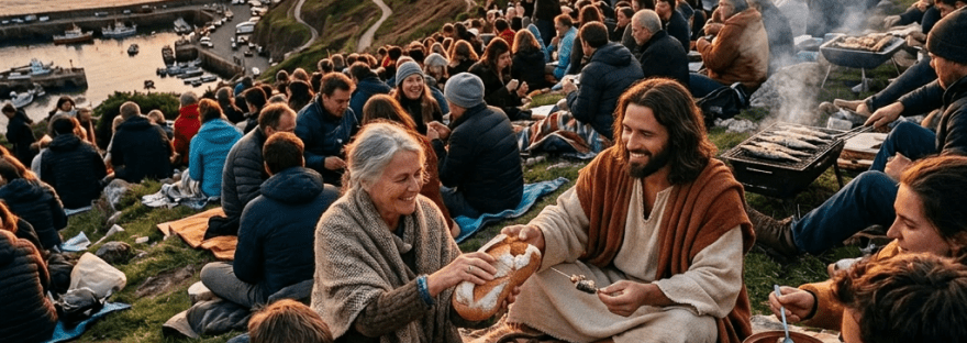 Group of people sharing food on a grassy hillside with ocean and sunset in the background