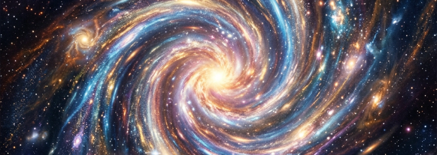 Spiral galaxy with bright central core, blue and gold star-filled arms in space
