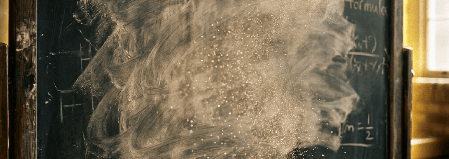 Old chalkboard with partially erased writing and chalk dust cloud