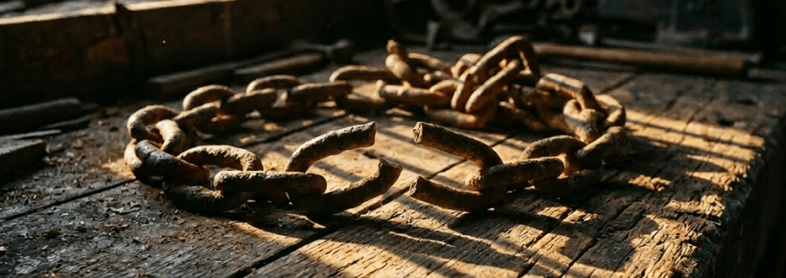 Rusty broken metal chain on an old wooden workbench