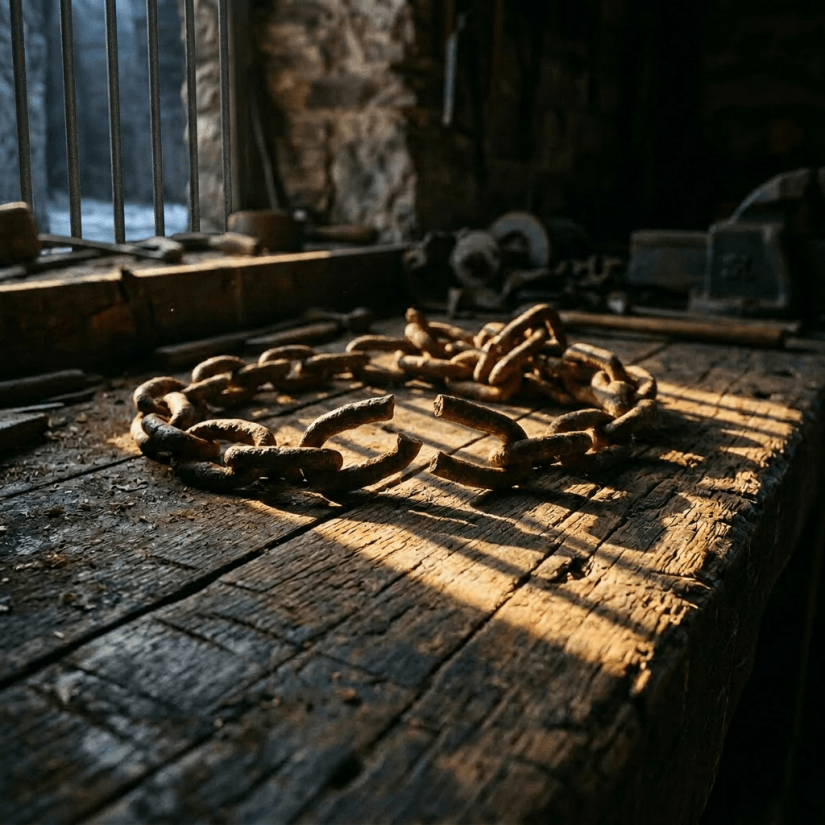 Rusty broken metal chain on an old wooden workbench