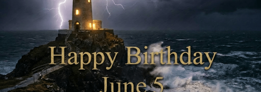 Lighthouse shining light amid stormy ocean with lightning and waves