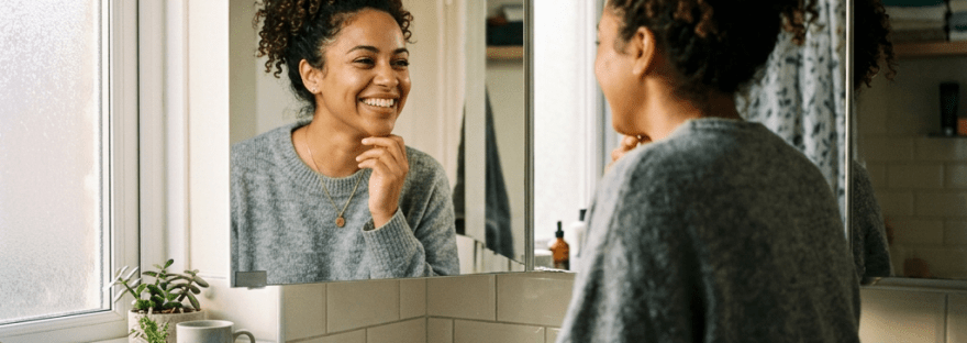 Woman looking and smiling at her reflection in a bathroom mirror