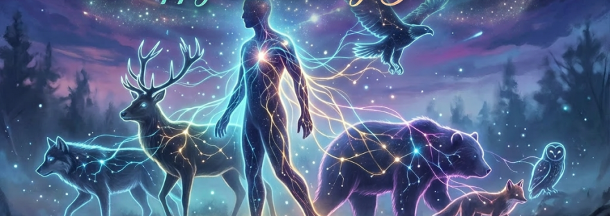 Glowing human figure interacting with wolf, deer, eagle, bear, fox, and owl amid a starry night forest