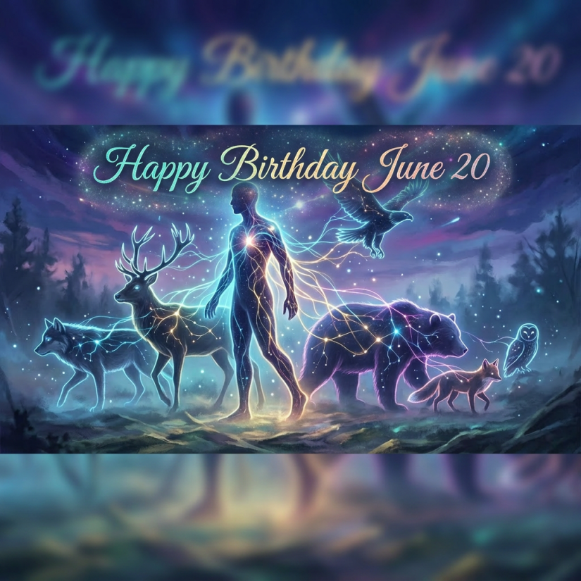 Glowing human figure interacting with wolf, deer, eagle, bear, fox, and owl amid a starry night forest