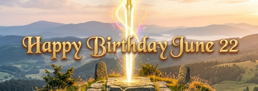 Glowing magical sword embedded in stone altar on mountain with sunset