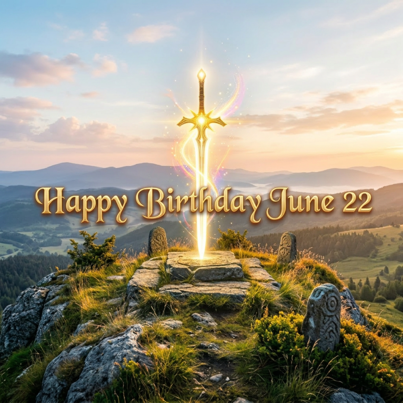 Glowing magical sword embedded in stone altar on mountain with sunset