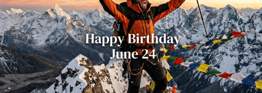 Climber in orange jacket holding Nepal flag on snowy mountain summit with prayer flags