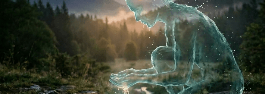Translucent water figure kneeling and scooping water from a mountain spring at sunset